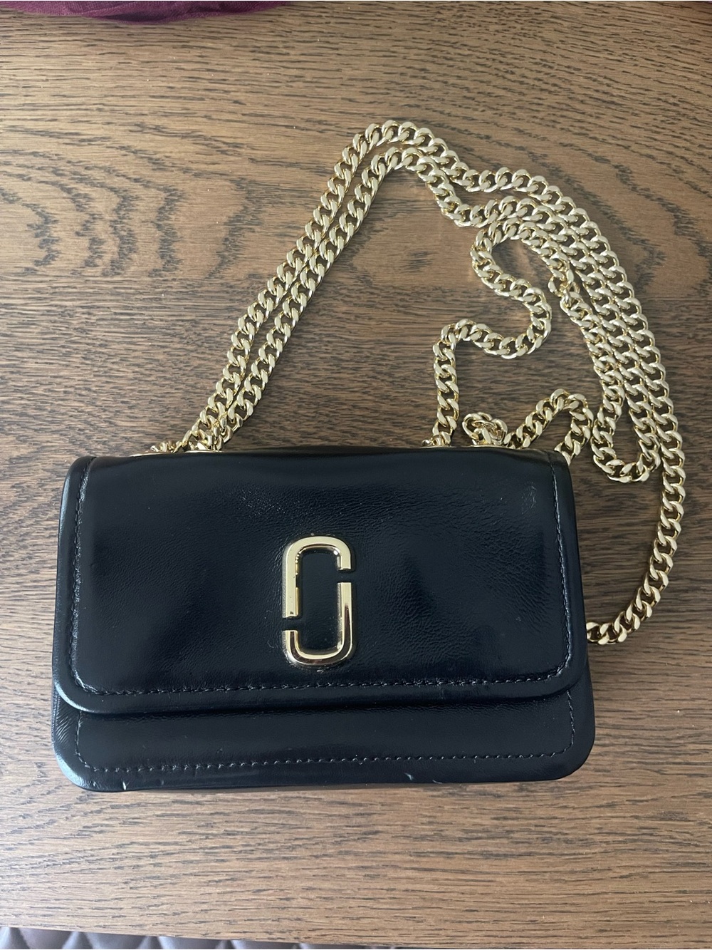 Marc Jacobs Mini Black Leather Crossbody Bag with Gold Chain